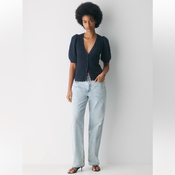 Aritzia Wilfred Fika Puff Sleeve Knit Cotton Buttoned Black Cardigan Size Large - Picture 2 of 14